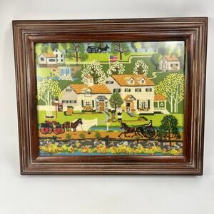Framed 1981 Folk Art Needlepoint Horse Buggy Country Scene Signed 22.5"x19" Vtg